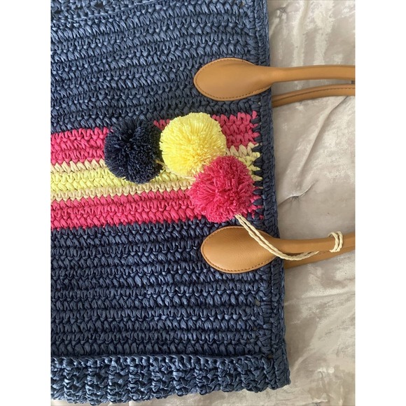 Talbots Large 14” Natural Woven Straw Tote Beach Bag Navy Magenta Yellow - Picture 6 of 8